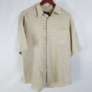 Consensus Mens Large Beige Blue Plaid Short Sleeve Button Up Shirt‎ Pocket